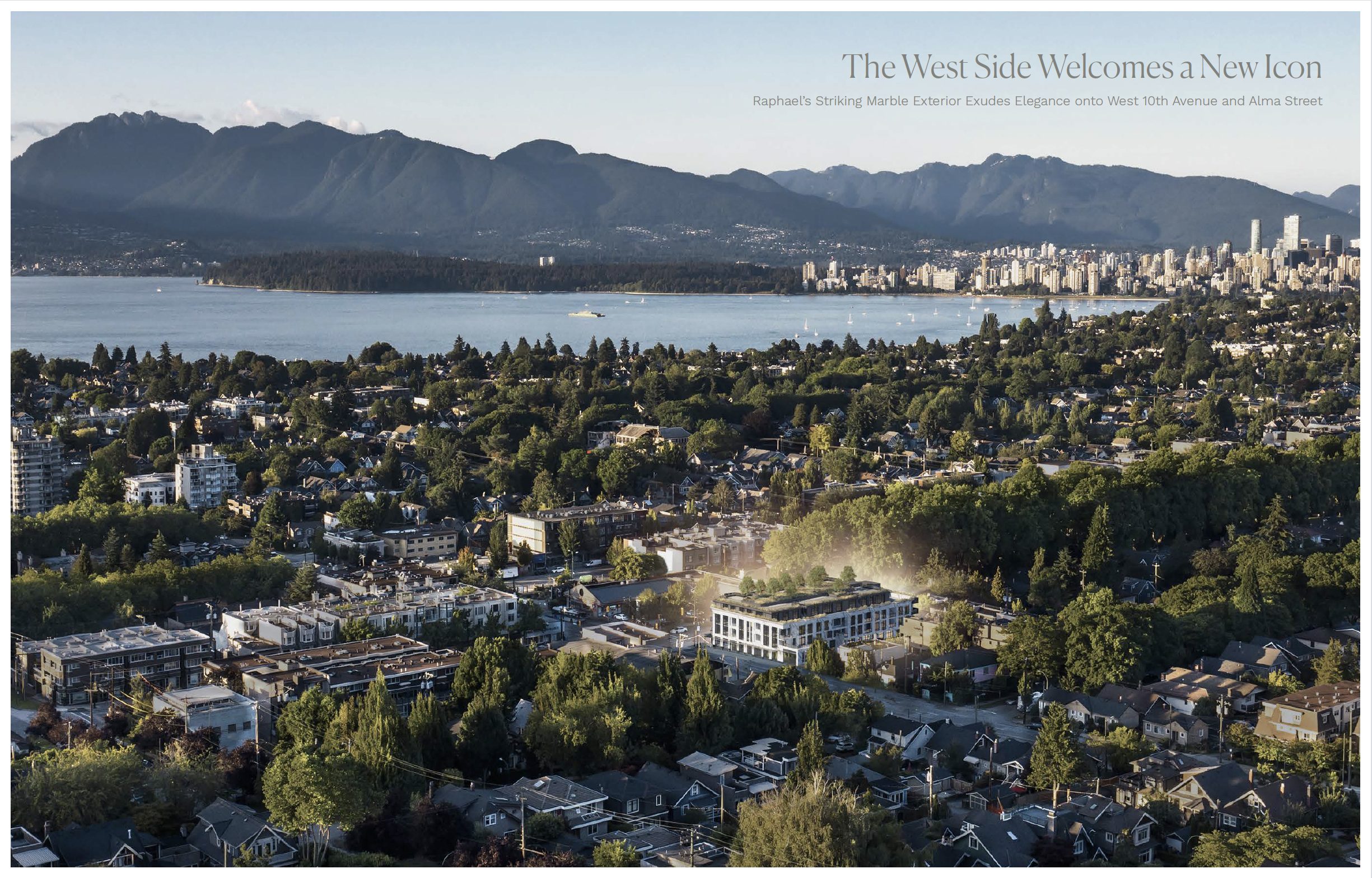 温哥华西区 Point Grey 社区 Raphael 豪华公寓外墙，采用白色大理石立面，位于 West 10th Avenue 街角。Luxury marble exterior of Raphael residences in Point Grey, Vancouver West, located at the intersection of West 10th Avenue and Alma Street.